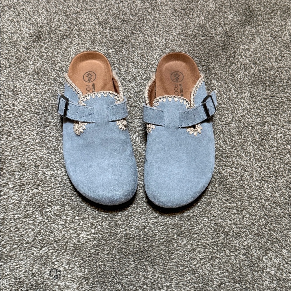 White Mountain Light Blue Suede Footbed Clogs with Espadrille Trim